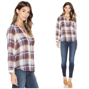 JOIE X Revolve Safford Silk Button Up Blouse Size XS Plaid Ochre School Casual